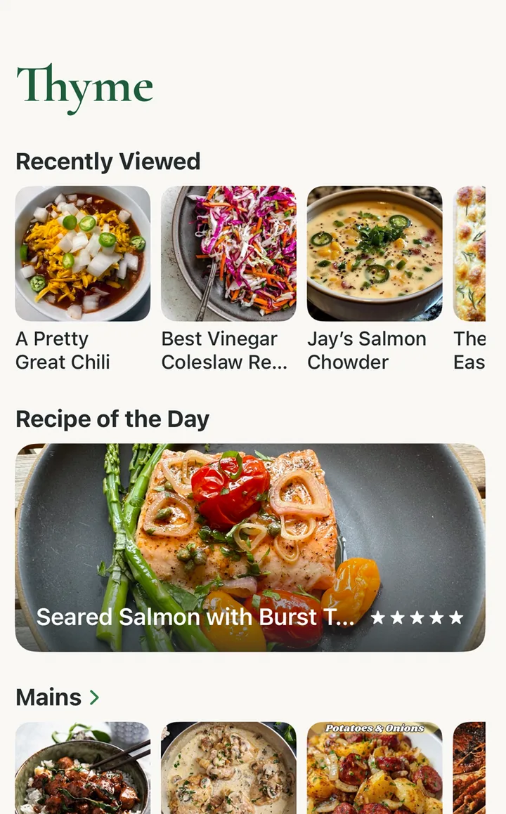 The Thyme home screen: Recently Viewed, Recipe of the Day, and recipe shelves