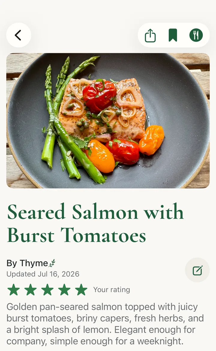 The saved recipe in Thyme: Seared Salmon with Burst Tomatoes, formatted with photo, rating, times, and tags